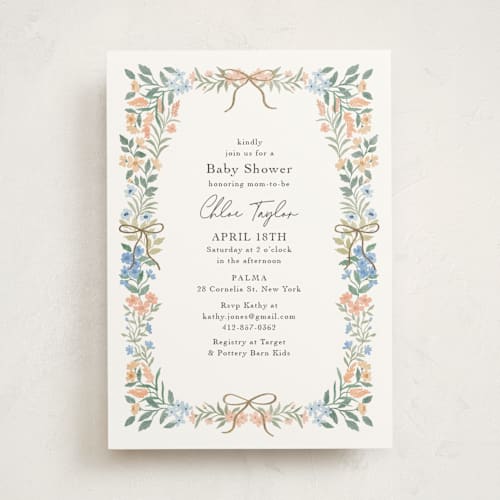 This is a pastel foil stamped baby shower invitations with foil pressed by Elly called sweet garden printing on signature in standard