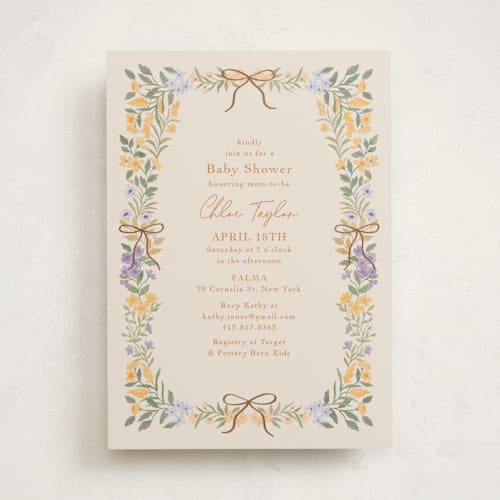 This is a tangerine foil stamped baby shower invitations with foil pressed by Elly called sweet garden printing on signature in standard