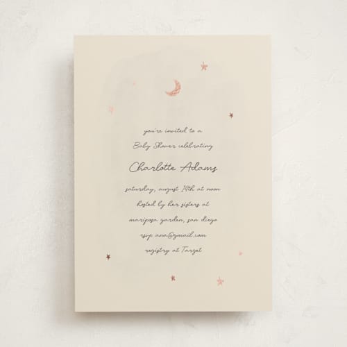 This is a cream foil stamped baby shower invitations with foil pressed by Ani Somi called lullaby printing on signature in standard