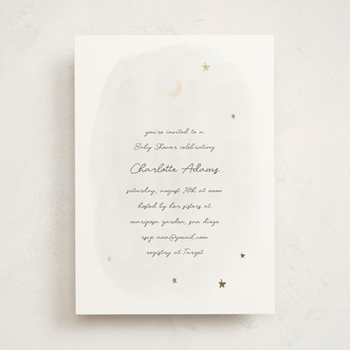 This is a snow blossom foil stamped baby shower invitations with foil pressed by Ani Somi called lullaby printing on signature in standard