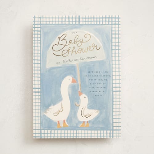 This is a raindrop foil stamped baby shower invitations with foil pressed by Teju Reval called little goose printing on signature in standard