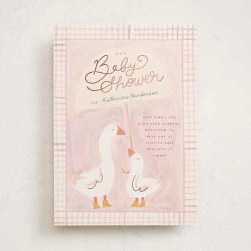 This is a blush foil stamped baby shower invitations with foil pressed by Teju Reval called little goose printing on signature in standard