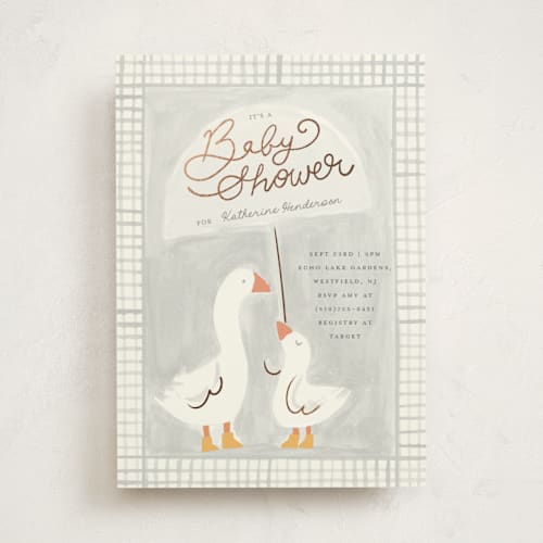 This is a wind foil stamped baby shower invitations with foil pressed by Teju Reval called little goose printing on signature in standard
