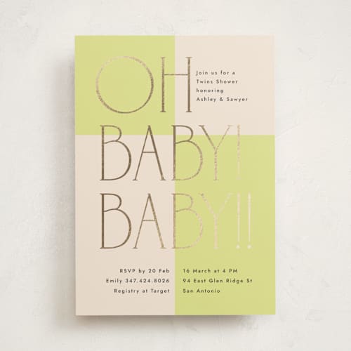 This is a lime foil stamped baby shower invitations with foil pressed by letterfix called two times printing on signature in standard