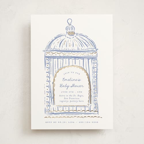 This is a bluebell foil stamped baby shower invitations with foil pressed by Gwen Bedat called birdie printing on signature in standard