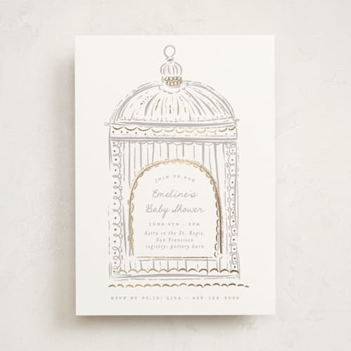 This is a mist foil stamped baby shower invitations with foil pressed by Gwen Bedat called birdie printing on signature in standard