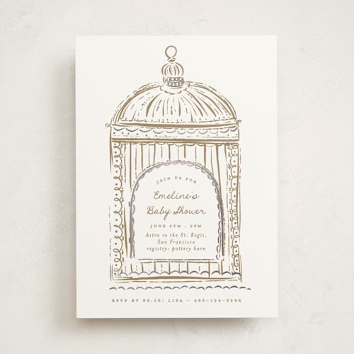 This is a sand foil stamped baby shower invitations with foil pressed by Gwen Bedat called birdie printing on signature in standard