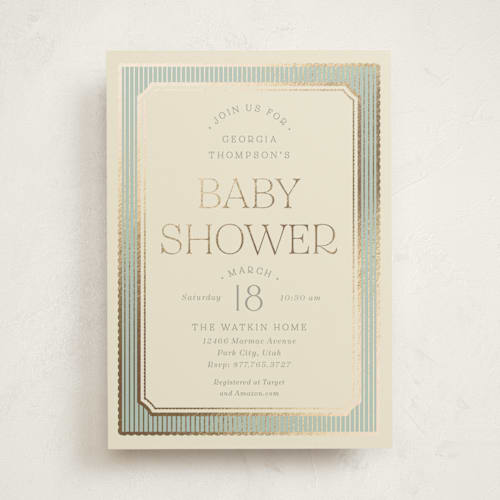 This is a seafoam foil stamped baby shower invitations with foil pressed by Robert and Stella called brooke printing on signature in standard
