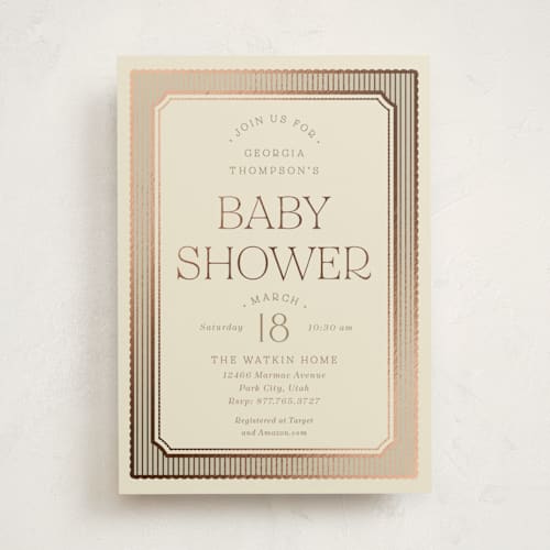 This is a fawn foil stamped baby shower invitations with foil pressed by Robert and Stella called brooke printing on signature in standard