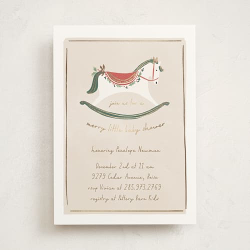 This is a eggnog foil stamped baby shower invitations with foil pressed by Rebecca Durflinger called festive rocking horse printing on signature in standard