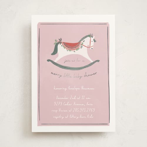 This is a candied foil stamped baby shower invitations with foil pressed by Rebecca Durflinger called festive rocking horse printing on signature in standard