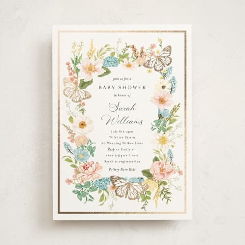 This is a sky foil stamped baby shower invitations with foil pressed by Susan Moyal called butterflies & botanicals printing on signature in standard