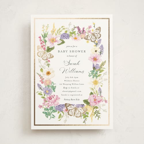 This is a lilac foil stamped baby shower invitations with foil pressed by Susan Moyal called butterflies & botanicals printing on signature in standard