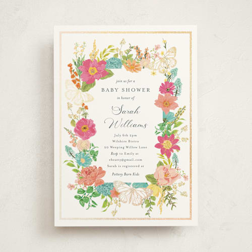 This is a tropical foil stamped baby shower invitations with foil pressed by Susan Moyal called butterflies & botanicals printing on signature in standard