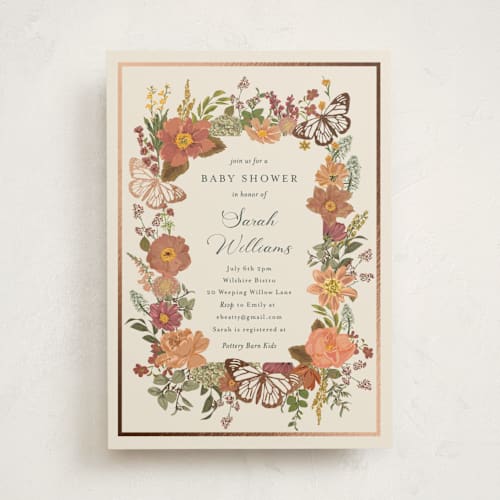This is a harvest foil stamped baby shower invitations with foil pressed by Susan Moyal called butterflies & botanicals printing on signature in standard