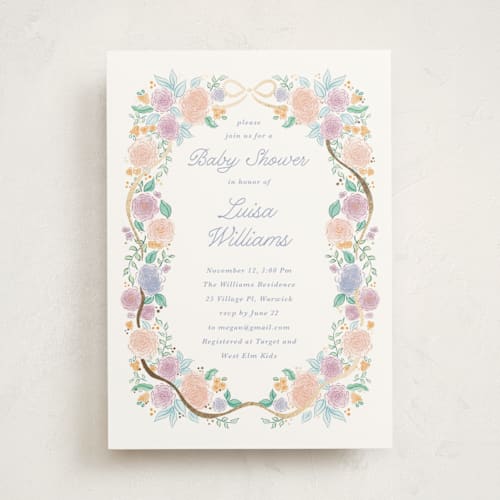 This is a lilac foil stamped baby shower invitations with foil pressed by Tamara Hilje called garden magic printing on signature in standard