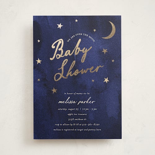 This is a midnight foil stamped baby shower invitations with foil pressed by Ilene Guy called midnight stars printing on signature in standard
