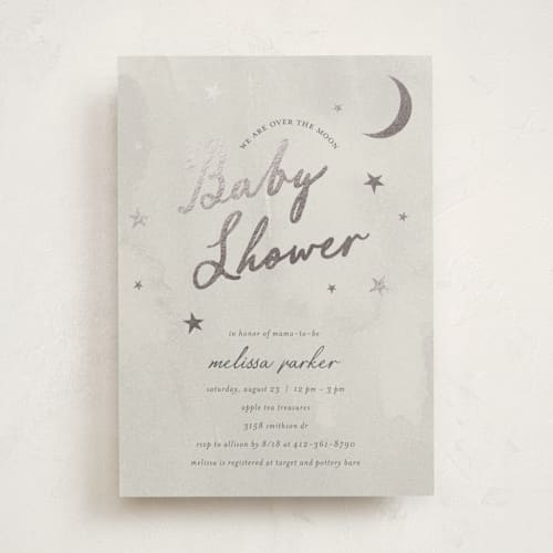 This is a storm foil stamped baby shower invitations with foil pressed by Ilene Guy called midnight stars printing on signature in standard