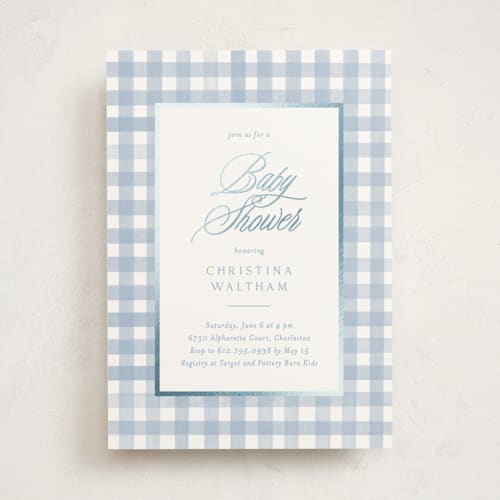 This is a pond foil stamped baby shower invitations with foil pressed by Creo Study called classic gingham printing on signature in standard
