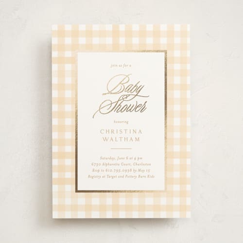 This is a buttercup foil stamped baby shower invitations with foil pressed by Creo Study called classic gingham printing on signature in standard