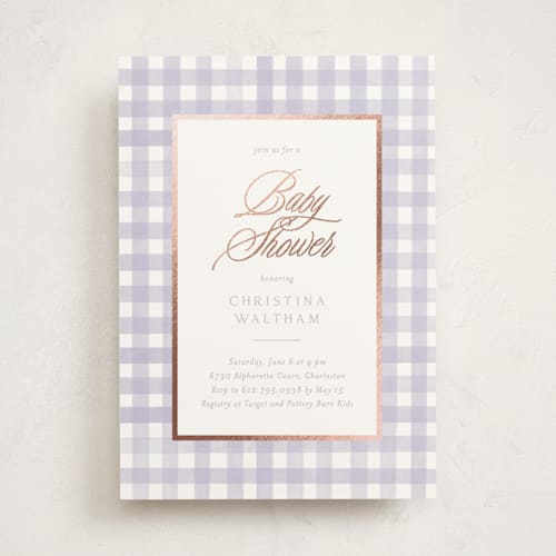 This is a berry foil stamped baby shower invitations with foil pressed by Creo Study called classic gingham printing on signature in standard