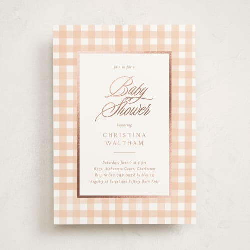 This is a poppy foil stamped baby shower invitations with foil pressed by Creo Study called classic gingham printing on signature in standard