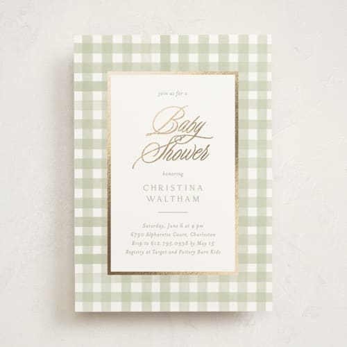 This is a wasabi foil stamped baby shower invitations with foil pressed by Creo Study called classic gingham printing on signature in standard