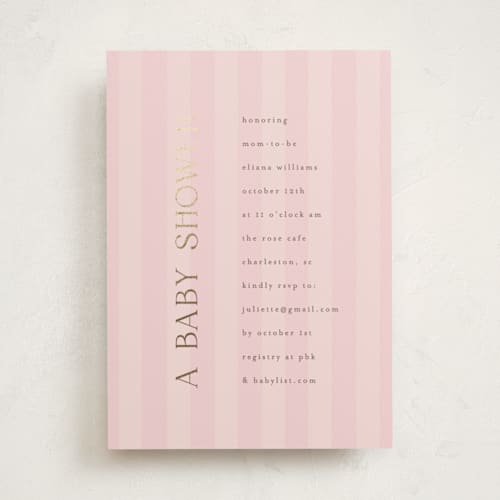 This is a rose foil stamped baby shower invitations with foil pressed by Angela Thompson called baby stripes printing on signature in standard