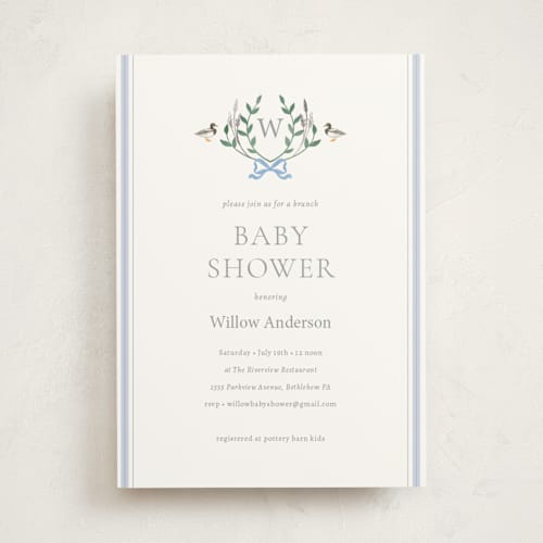 This is a smoke foil stamped baby shower invitations with foil pressed by Rebecca Marchese called southern mallard duck printing on signature in standard