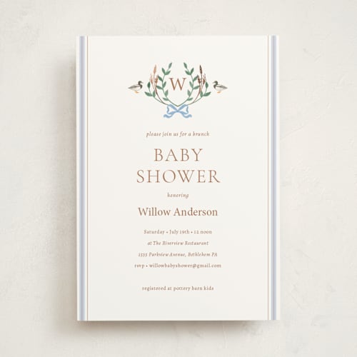 This is a almond foil stamped baby shower invitations with foil pressed by Rebecca Marchese called southern mallard duck printing on signature in standard
