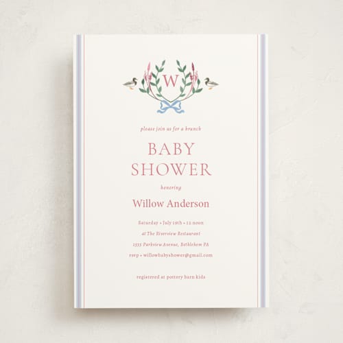This is a bubblegum foil stamped baby shower invitations with foil pressed by Rebecca Marchese called southern mallard duck printing on signature in standard