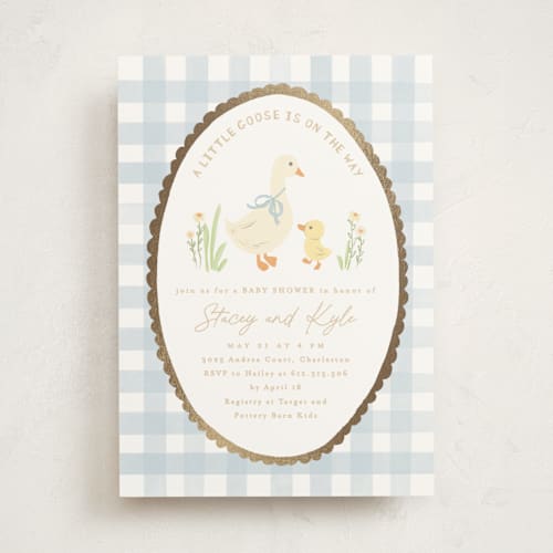 This is a sky foil stamped baby shower invitations with foil pressed by Creo Study called vintage goose printing on signature in standard