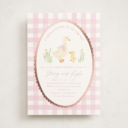 This is a rose foil stamped baby shower invitations with foil pressed by Creo Study called vintage goose printing on signature in standard