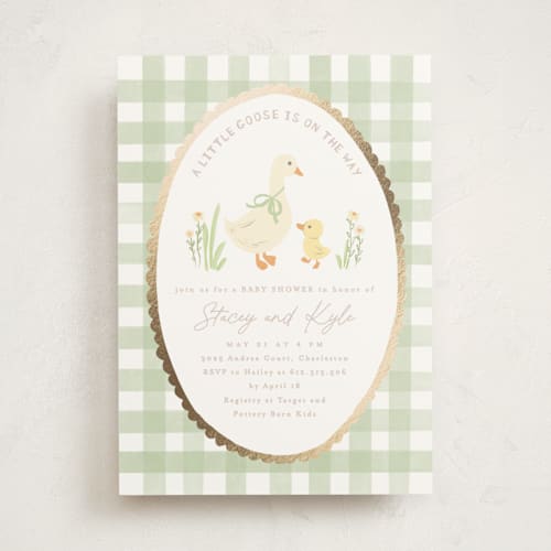 This is a garden foil stamped baby shower invitations with foil pressed by Creo Study called vintage goose printing on signature in standard