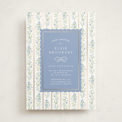This is a cornflower foil stamped baby shower invitations with foil pressed by Erin L. Wilson called dorothy printing on signature in standard