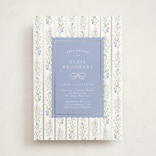 This is a lavender foil stamped baby shower invitations with foil pressed by Erin L. Wilson called dorothy printing on signature in standard