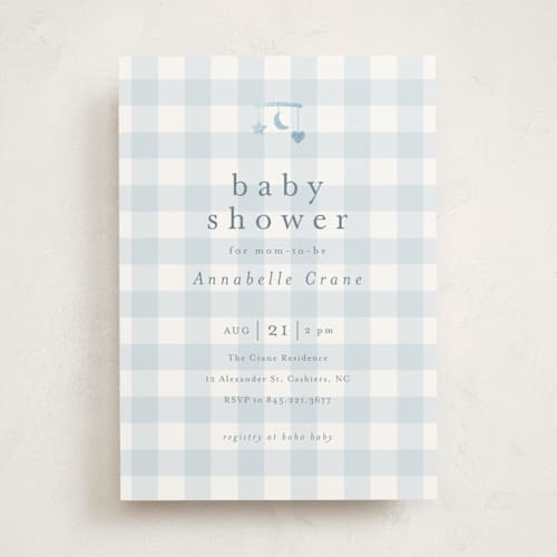 This is a baby blue foil stamped baby shower invitations with foil pressed by Stacey Meacham called gingham mobile printing on signature in standard
