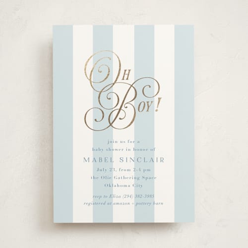 This is a bluebonnet foil stamped baby shower invitations with foil pressed by Laura Hankins called oh boy! printing on signature in standard