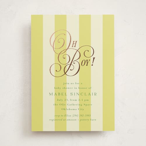 This is a limoncello foil stamped baby shower invitations with foil pressed by Laura Hankins called oh boy! printing on signature in standard
