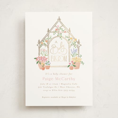 This is a strawberry foil stamped baby shower invitations with foil pressed by Jennifer Wick called petite greenhouse printing on signature in standard