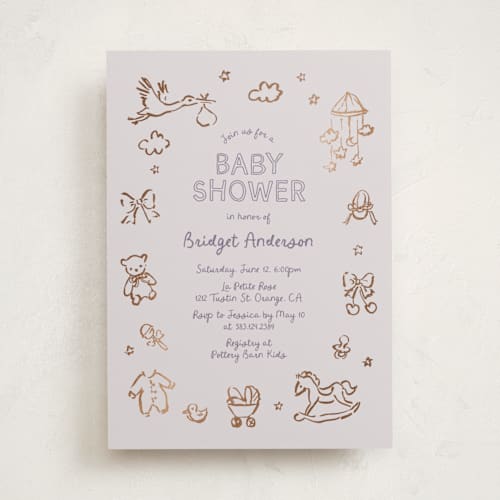 This is a lavender foil stamped baby shower invitations with foil pressed by Cass Loh called bundle of joy sketches printing on signature in standard