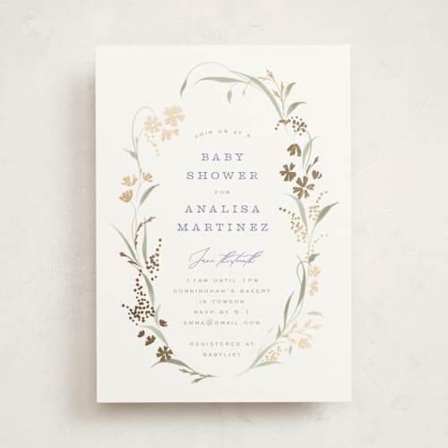 This is a lilac foil stamped baby shower invitations with foil pressed by Erin L. Wilson called lottie printing on signature in standard