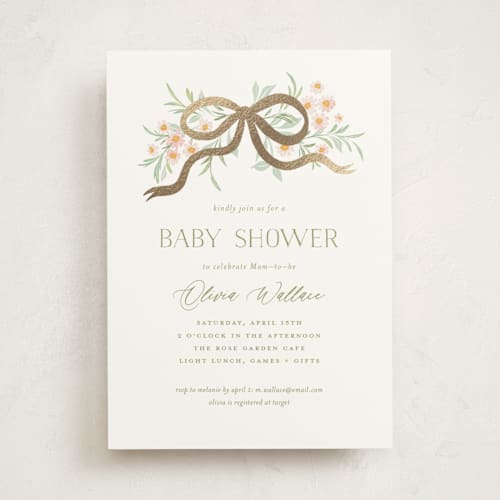 This is a blush foil stamped baby shower invitations with foil pressed by Paper Raven Co. called sweet child printing on signature in standard