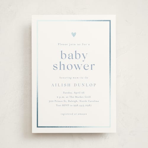 This is a provincial blue foil stamped baby shower invitations with foil pressed by Stacey Meacham called heartbeat printing on signature in standard