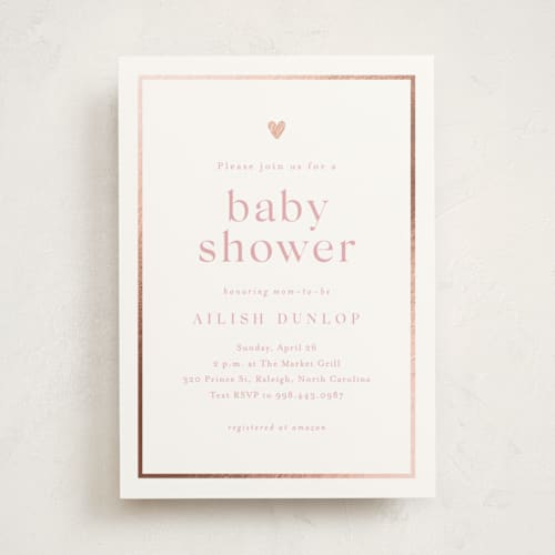 This is a ballet slipper foil stamped baby shower invitations with foil pressed by Stacey Meacham called heartbeat printing on signature in standard