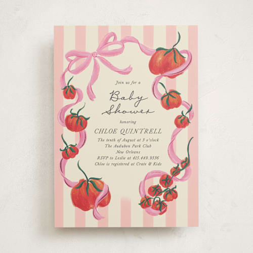 This is a sherbert foil stamped baby shower invitations with foil pressed by Jackie Crawford called petit pomodoro printing on signature in standard