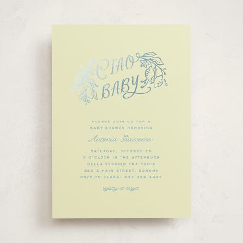 This is a lemonade foil stamped baby shower invitations with foil pressed by Pati Cascino called ciao baby printing on signature in standard