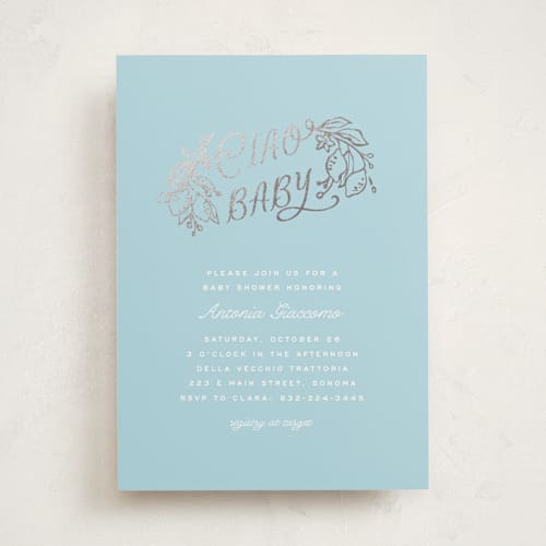 This is a ciello foil stamped baby shower invitations with foil pressed by Pati Cascino called ciao baby printing on signature in standard
