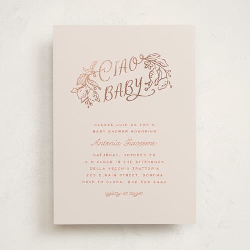 This is a coral foil stamped baby shower invitations with foil pressed by Pati Cascino called ciao baby printing on signature in standard