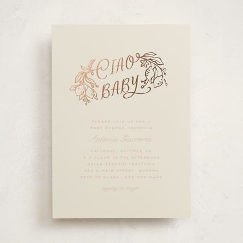 This is a blush foil stamped baby shower invitations with foil pressed by Pati Cascino called ciao baby printing on signature in standard